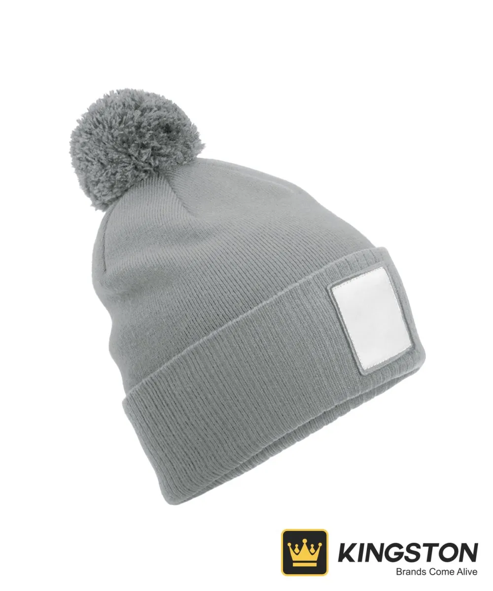 Beechfield Applique Patch Pom Beanie in Ash/White