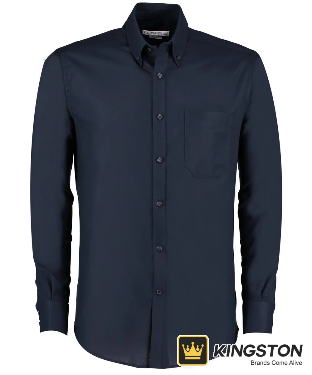 Kustom Kit Workwear Oxford Long Sleeve Shirt (Slim Fit) in French Navy