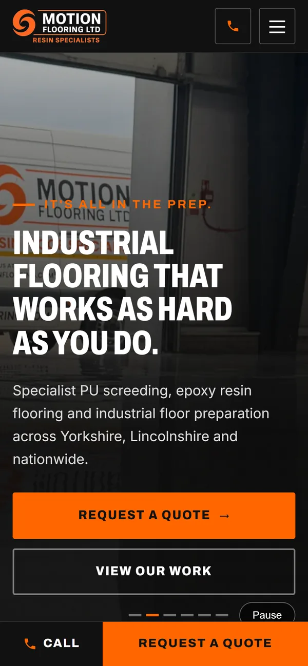 Motion Flooring home page on a phone, with call and quote buttons